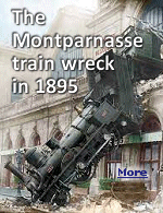 This extraordinary accident occurred on October 22, 1895 at Montparnasse, then known as Gare de l'Ouest. Hoping to make up time for its 131 passengers, the engineer increased speed and then the air brakes failed. Smashing through the track buffers, the express careered across the station concourse, broke through the station wall, and crashed to the street below, where it remained for four days drawing crowds of curious onlookers.